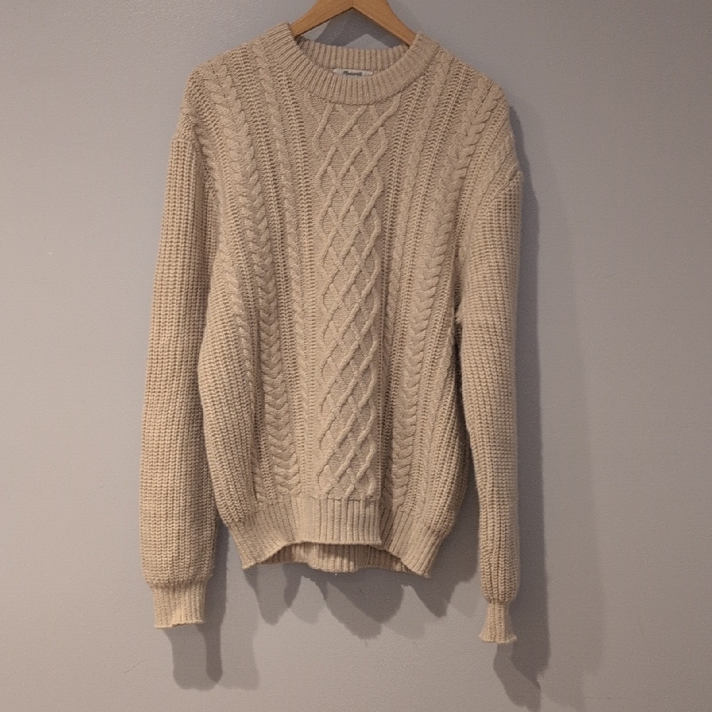 Madewell Cable knit Wool Blend Fisherman Sweater In Off-white Cream Color